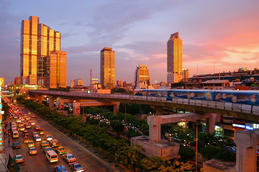Bangkok roads and skyline at sunset