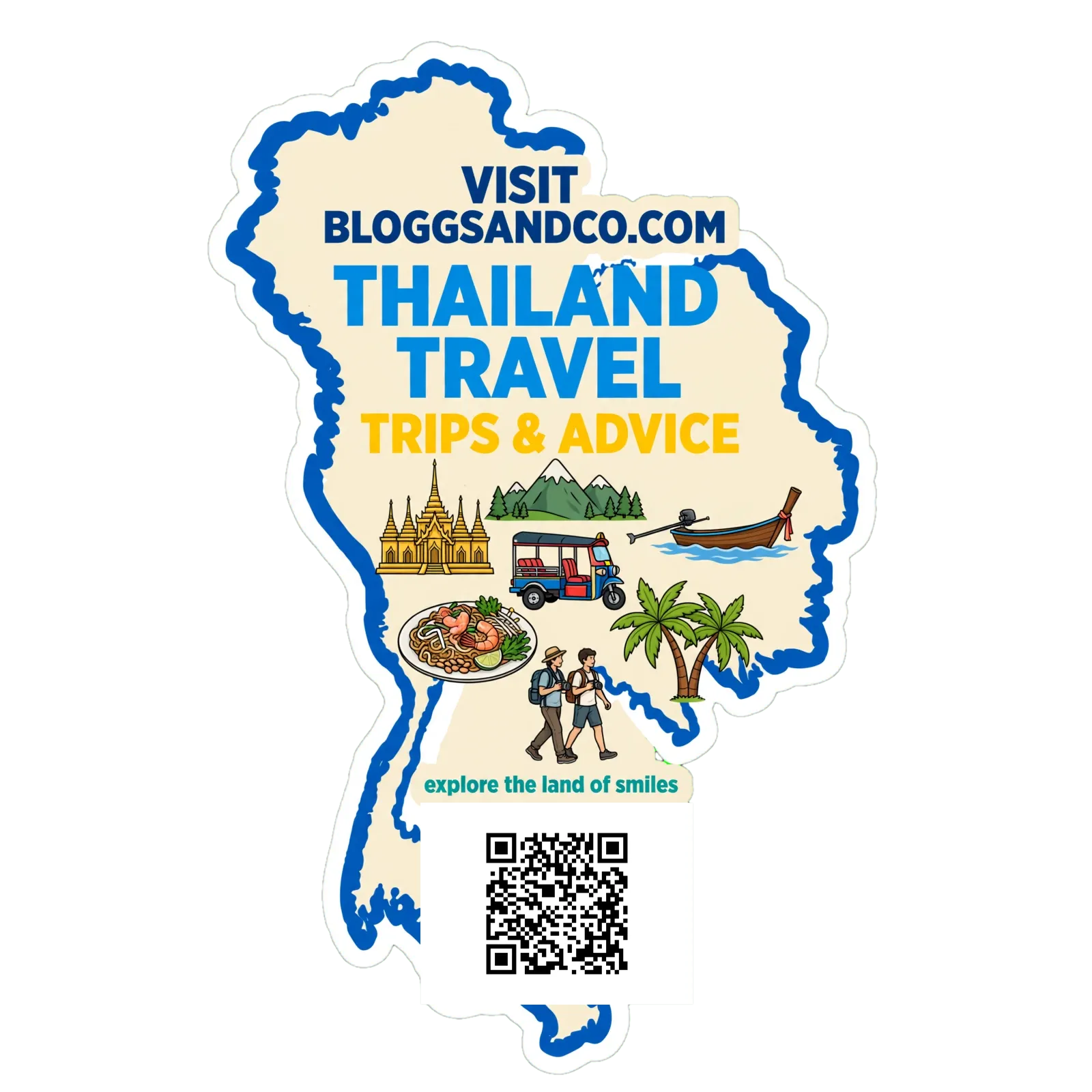 Bloggs and Co Thailand-shaped travel design with temples, tuk-tuk, longtail boat and QR code.
